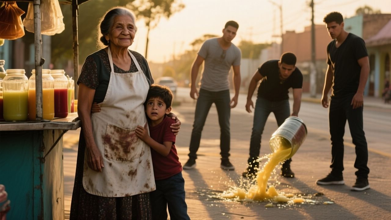 Abuela con delantal manchado junto a su carrito de jugos verde en la esquina, sosteniendo su nieto su delantal