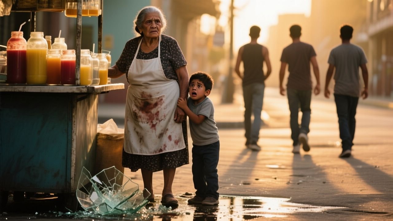 Abuela vende jugos en puesto callejero junto a su nieto, jarras de vidrio y letrero de cartón con precios