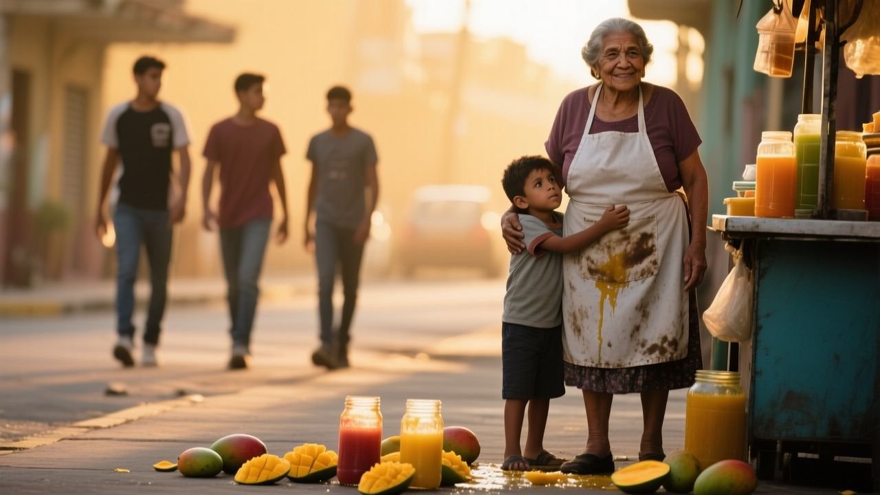 Abuela vendedora de jugos junto a su nieto sosteniendo su delantal manchado de mango en una esquina