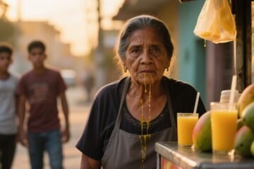 Doña Mercedes con su carrito de jugos naturales en la esquina, empapada de jugo de mango y mirando fijamente a los jóvenes