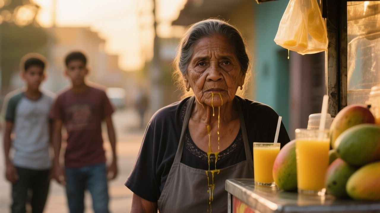 Doña Mercedes con su carrito de jugos naturales en la esquina, empapada de jugo de mango y mirando fijamente a los jóvenes