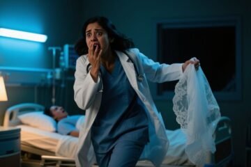 Doctora de turno nocturno frente a la habitación 407 observando a una paciente con velo nupcial de encaje blanco sentada en l