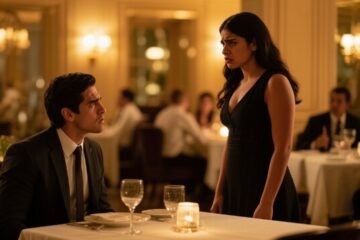 Joven humillando a una muchacha en un restaurante elegante mientras el padre de ella llega con guardaespaldas