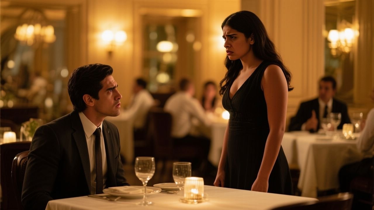 Joven humillando a una muchacha en un restaurante elegante mientras el padre de ella llega con guardaespaldas