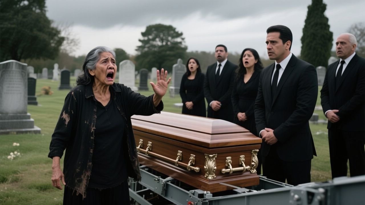 Anciana de vestido oscuro corriendo entre tumbas para detener el entierro de Ricardo Salgado en cementerio San Bernardo
