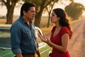 Hombre de camisa azul y mujer de vestido rojo discutiendo junto a un Chevrolet verde clásico en un camino rural