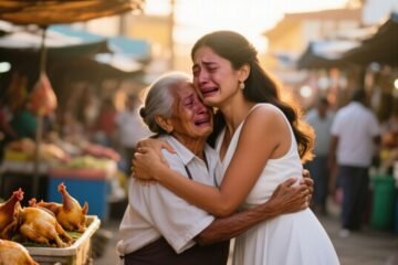 Nieta abrazando emocionada a su abuela vendedora de pollo en el mercado popular tras reencuentro