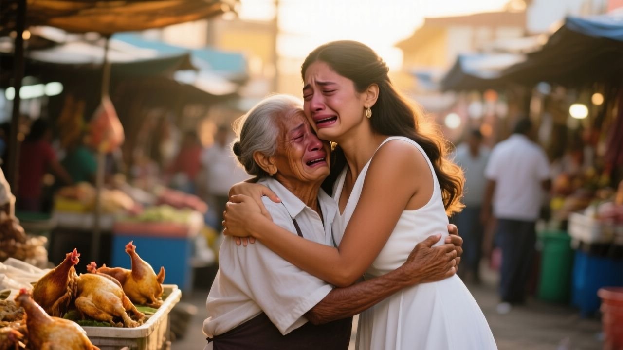 Nieta abrazando emocionada a su abuela vendedora de pollo en el mercado popular tras reencuentro