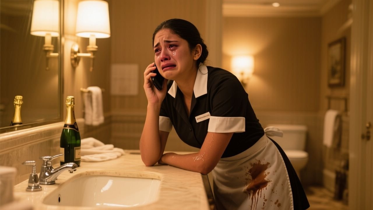 Mesera con vestido azul manchado de champán llorando en el baño del Hotel Cordillera mientras llama a su papá por teléfono